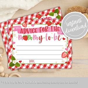 Tarjeta de consejos de fresas para la futura mamá, baby shower de bayas de verano, tarjeta de consejos para mamás con bayas para baby shower de niña dulce, descarga instantánea