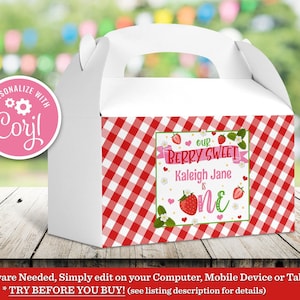 Strawberry Favor Box Label Berry Sweet 1st Birthday Party Gift Gable Box Labels Berry Sweet ONE Birthday Editable Printable Instant Download