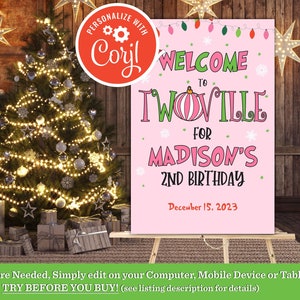 Christmas Twoville 2nd Birthday Welcome Sign - Editable Printable (Digital Download)
