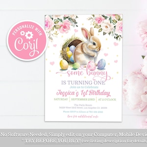 Bunny 1st Birthday Invitation: Pink Floral Garden (Editable Template)