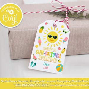 Haben Sie einen Sunsational Sommer-Tag, letzten Tag der Schule Tag, bearbeitbare druckbare Lehrer Sommer Geschenkanhänger Ende der Schule Gunst Tags Sun Download