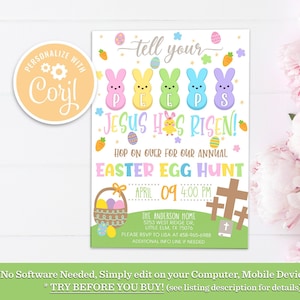 May include: A printable Easter egg hunt invitation with a pastel color scheme. The invitation features a cartoon image of Peeps candy and the text "Tell your Peeps Jesus Has Risen! Hop on over for our annual Easter Egg Hunt. April 09 4:00 PM. The Anderson Home 5253 West Ridge Dr. Little Elm, TX 75076. Please RSVP to Lisa at 458-965-6988. Additional info line if needed."