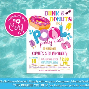 Donut Pool Party Invitation, Editable Girl Dunk and Donuts Party Bash Birthday Invitation Donut Pool Float Invite Instant Download Template
