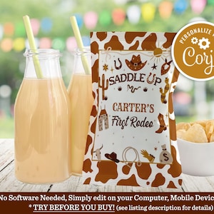 Editable Western First Rodeo Chip Bag Cowboy First 1st Birthday Wild West Southwestern Party Favors Printable Instant Download Template