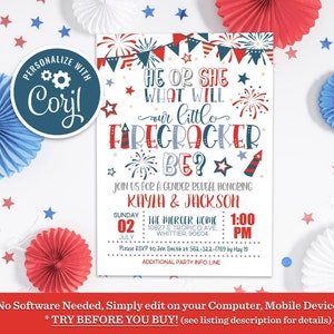Little Firecracker Gender Reveal Invitation, Editable 4th of July Baby Shower Invite Red White and Blue Firecracker Patriotic Stars Stripes