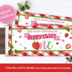Strawberry Chocolate Bar Wrapper Berry Sweet ONE Candy Bar Wrappers Strawberry Birthday Party Decorations Favor Printable Instant Download