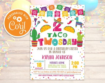 Convite de aniversário de Taco TWOsday Taco mexicano sobre um convite de aniversário de festa Taco 2º aniversário Cacto Editável para impressão Download instantâneo