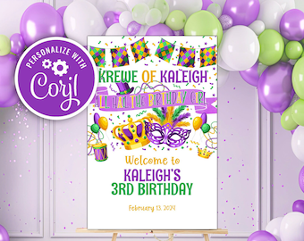 Mardi Gras Welcome Sign Editable Template, Fat Tuesday Birthday Party Poster, Carnival Masquerade Ball First 1st Birthday Decoration