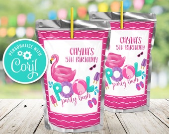 May include: Two pink and silver juice pouches with a white label. The label has a pink flamingo, a beach ball, and popsicles. The text on the label says "Cayla's 5th Birthday Pool Party Bash".