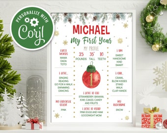 Christmas First Birthday Milestone Poster: Editable Stats Sign (Digital Download)