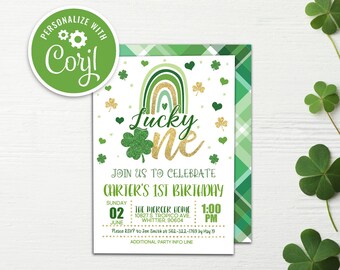 St Patrick's Day 1st Birthday Invitation: Lucky One Shamrock (Editable Printable Template)