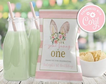 Editable Easter Bunny Chip Bag Girl Birthday Party Floral Pink Easter Some Bunny is One Floral Party Favors Bag Printable Instant Download