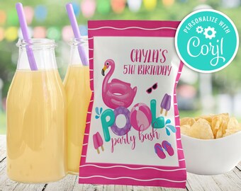 Flamingo Pool Party Chip Bag: Editable Birthday Favor (Digital Download)