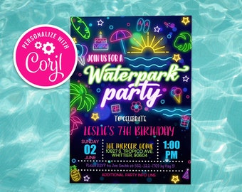 Bewerkbare verjaardagsuitnodiging neon waterpark (digitale download)