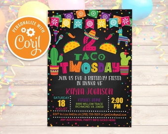 Taco TWOsday Birthday Invitation Mexican Taco bout a Fiesta Birthday Invite Taco 2nd birthday Cactus Editable Printable Instant Download Blk