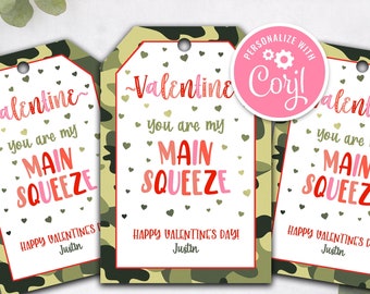 Editable Camo Main Squeeze Valentine Tag Valentine Happy Valentine's Day Classroom School Gift Tags Favor Printable Instant Download VDY