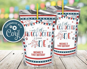 Firecracker 1st Birthday Capri Sun Label: Patriotic Party (Editable)