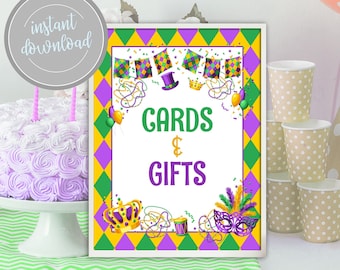 Mardi Gras Cards and Gifts Sign, Fat Tuesday Birthday Party Poster Carnival Masquerade Ball First 1st Birthday Decoration Instant Download