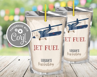 Editable Airplane Capri Sun Labels Juice Pouch Labels Vintage Airplane Birthday Jet Fuel Aircraft Instant Download Template Printable Plane