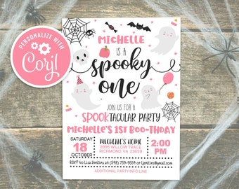 Editable Pink Spooky One Halloween Ghost 1st Birthday Party Invitation Cute Girl Ghost 1st Birthday Spooktacular Birthday Instant Download