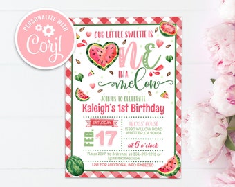 Editable Watermelon Birthday Invitation, Pink Sweetie Party One in a Melon 1st Birthday Printable Instant Download Invite Template
