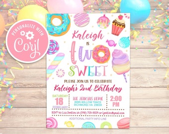 Two Sweet Birthday Invitation: Candy Donut 2nd Birthday (Editable Download)