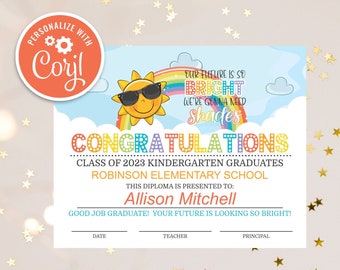 Graduation Diploma Printable Ceremony Certificate, Any Grade Kindergarten Preschool Daycare, Our Future is So Bright Gotta Wear Shades Theme