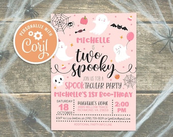 May include: A rectangular pink party invitation featuring illustrations of ghosts, a skull, spiderwebs, bats, and candy. The text reads: Michelle is two spooky, join us for a spooktacular party, Michelle's 1st boo-thday, Saturday 18 October, 2:00 PM.