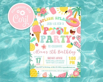 Pool Party Birthday Invitation Tropical Splish Splash Pool Party Invitation Invite Summer Swimming Pool Splash Pad Party Instant Download PA