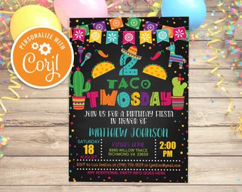 Convite de aniversário do Taco Twoday: Tema Fiesta Cactus (editável e imprimível)
