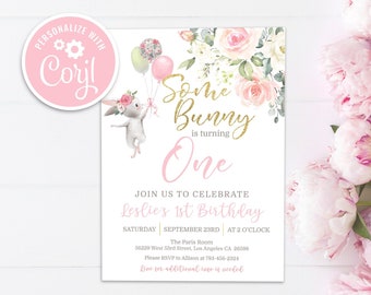 Une invitation d'anniversaire lapin : lapin floral rose (modifiable, téléchargement numérique)