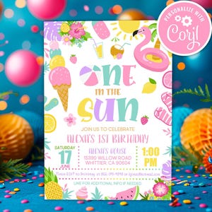 Editable One in the Sun 1st Birthday Party Invitation, Splish Splash Girly Pool Party Printable Instant Download Digital Invite Template
