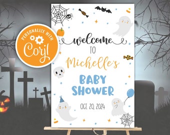 Editable Spooky Little Boo Baby Shower Birthday Welcome Sign Halloween Ghost Baby Shower A Little Boo Is Almost Due Decor Instant Download