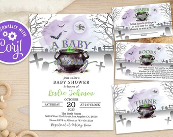 Halloween Baby Shower Invitation Set: A Baby is Brewing, Witch Theme (Editable Downloadable Printable Pack)