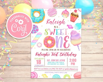 May include: A pink and white printable invitation for a first birthday party. The invitation features a donut, cupcake, candy, and cotton candy. The text on the invitation reads "Kaleigh is a Sweet One".
