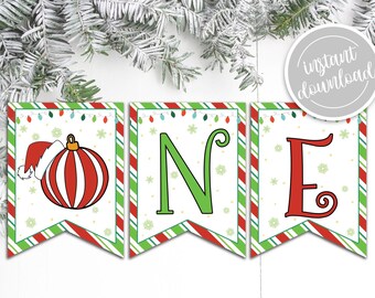Faixa de Natal "ONE" para Cadeirão de Bebê, Decoração para Aniversário de 1 Ano de Menino (Download Instantâneo) GP6
