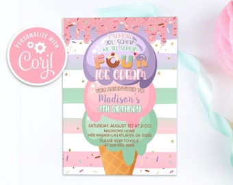 Ice Cream 4e verjaardagsuitnodiging: bewerkbare feestuitnodiging (digitale download)