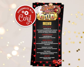 May include: A black and red printable casino night menu template with the text "Casino Night 70" and a menu listing the courses for the evening. The template is personalized with the name "Coryl".