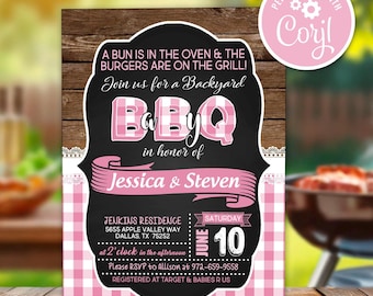 Baby Q BBQ Invitation: Pink Gingham, Editable Template (Digital Download)