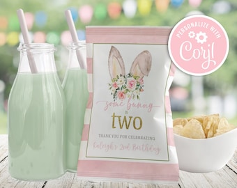 Editable Easter Bunny Chip Bag Girl Birthday Party Floral Pink Easter Some Bunny is TWO Floral Party Favors Bag Printable Instant Download