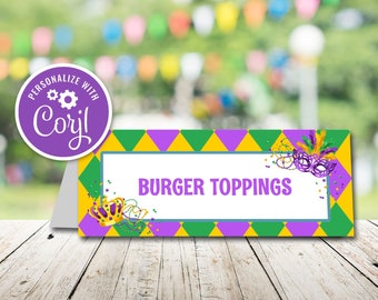May include: A printable table tent sign with a purple, green, and yellow Mardi Gras theme. The sign says "BURGER TOPPINGS" and has a crown and mask design.