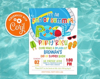 Invitación para fiesta de fin de verano en la piscina, regreso a clases, adiós piscina, hola escuela, plantilla de invitación digital editable e imprimible de descarga instantánea.