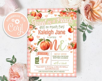 Editable Sweet as a Peach Birthday Invitation, First 1st Birthday Invite Printable Digital Instant Download
