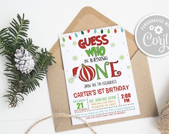 Peut inclure: Une invitation de fête de premier anniversaire sur le thème de Noël avec un schéma de couleurs rouge et vert. L'invitation présente une image de dessin animé d'une boule de Noël avec un chapeau de Père Noël et le texte "Devinez qui a un an". L'invitation comprend également le nom de l'enfant, la date, l'heure et le lieu de la fête.