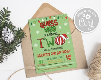 Guess Who is Turning Two Invitation, Christmas Birthday Invitation, 2nd Birthday Invitation, Boy 2nd Birthday Invitation Christmas Two G GP6