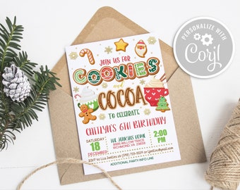 Cookies and Cocoa Birthday Invitation: Editable Holiday Party (Digital Download)