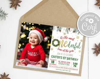 Christmas ONEderful Time of the Year First Birthday Invitation, Editable Digital Download