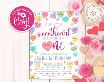 Sweetheart 1st Birthday Invitation: Editable Valentine's Day Conversation Hearts Template (Digital Download)