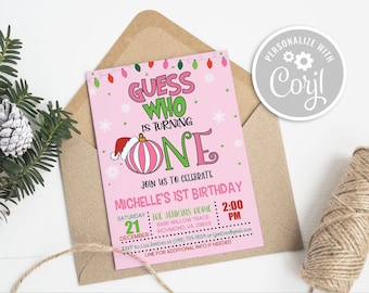 Guess Who is Turning One Invitation, Christmas 1st Birthday Invitation, 1st Birthday Invite, 1st Birthday Invitation, Christmas Birthday GP6