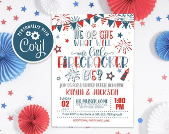 Firecracker Gender Reveal Invitation: Patriotic 4th of July (Editable)